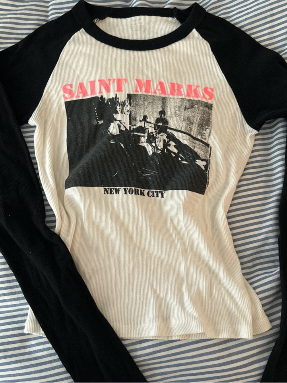 Brandy Melville Black & White Raglan Long Sleeve Tee with Pink Graphic